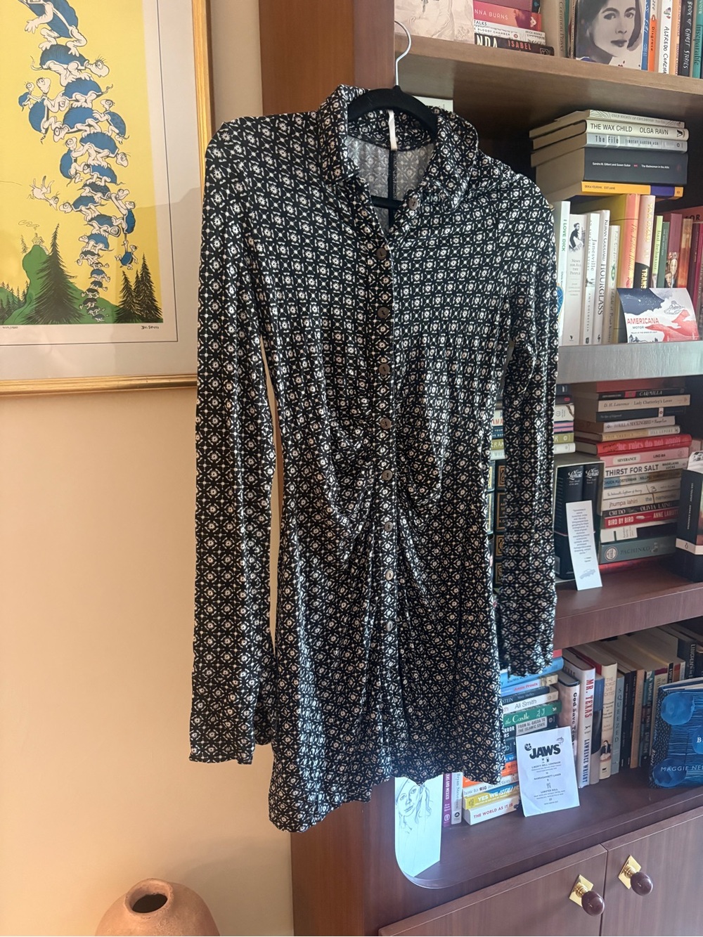 Free People Shayla Black & White Printed Long-Sleeve Shirt Dress Size Small